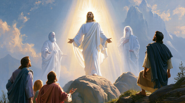 A transfiguration scene on the mountain, radiating divine glory with two prophetic figures, followers witnessing in awe, religious art, with copy space