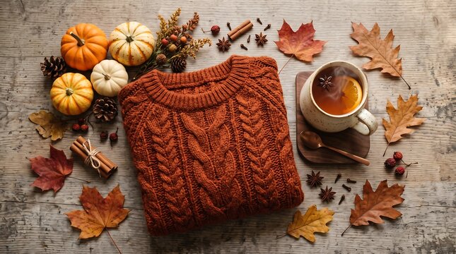 Cozy autumn flat lay with orange cable knit sweater, rustic pumpkins and hot spiced tea, warm seasonal fall aesthetic with dried leaves and cinnamon