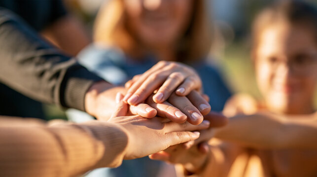Faceless diverse team of volunteers with a child putting hands together in a circle, gesture of cooperation and teamwork, successful collaboration concept, eco activists outdoors,