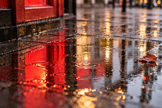Vivid red reflections on wet city pavement after rain