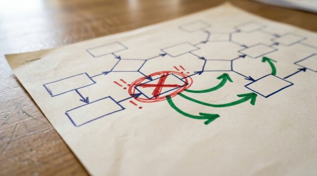 case study research business analysis problem solving Flowchart diagram on paper with a red cross and green arrows, on wooden table