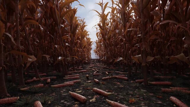 Withered cornfield with a path running through it, set against a cloudy sky