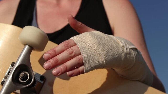 Injured hand of skateboarder close-up, sports injury, extreme sport, recovery after a fall. Wrist bandaged with an elastic bandage after an injury while skateboarding. Close-up of a hand in a bandage.