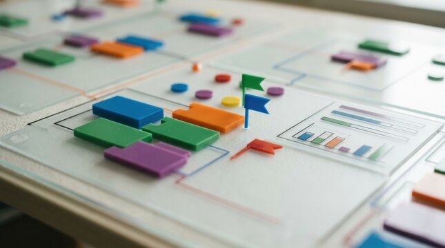 case study research business analysis problem solving Workflow planning board with colorful blocks, flags, and charts on paper.