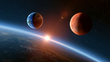 Fototapeta premium Earth planet and a red planet in deep space, distance between planets illustration, space exploration concept, with copy space
