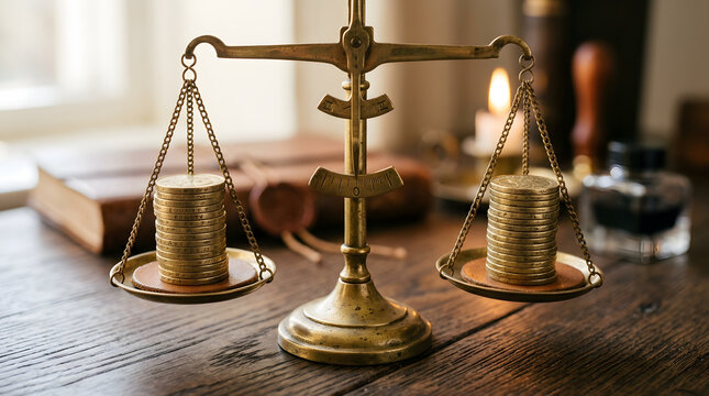 Brass balance scale weighing stacks of gold coins on an antique desk