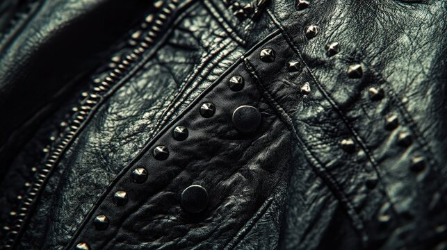 Close-up of Black Leather Armor with Rivets, Studs, and Textured Surface; Medieval, Gothic, and Fantasy Design Elements