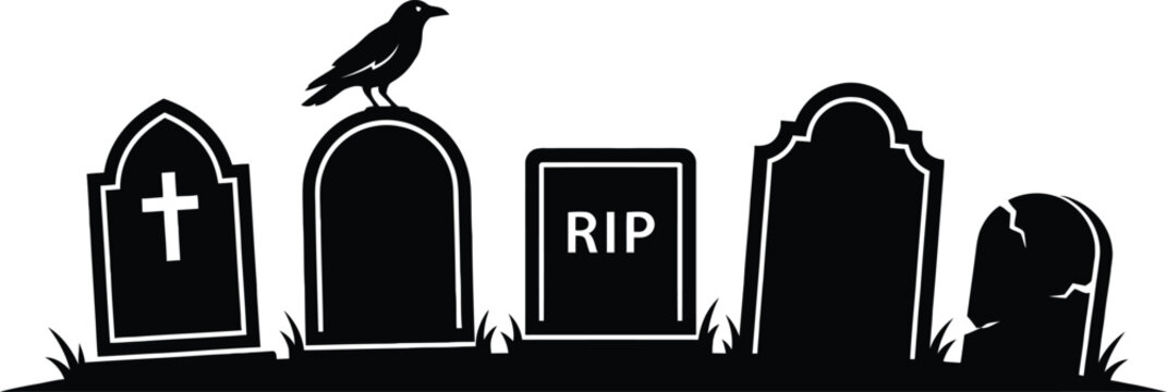 Black silhouette vector illustration of cemetery headstones, old graves, and a raven perched on a tombstone with RIP and cross symbols. Spooky Halloween cemetery scene, perfect for party invitations, 