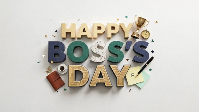 Happy Boss's Day greeting with 3D gold and blue lettering, professional office desk flat lay, corporate appreciation and leadership celebration