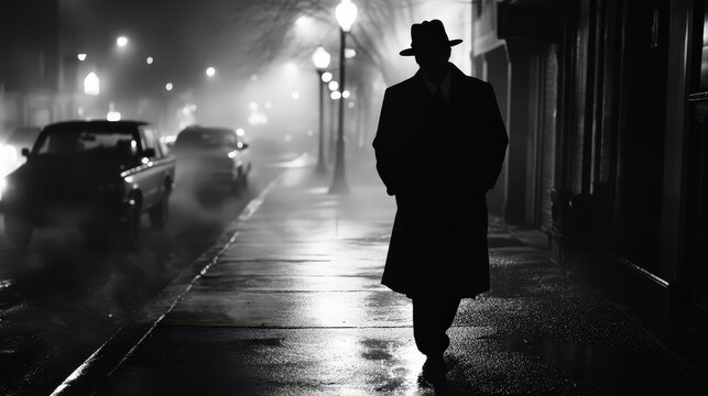 Man in Suit Walking Down a Foggy, Dark Street at Night with Streetlights, Mystery and Suspense