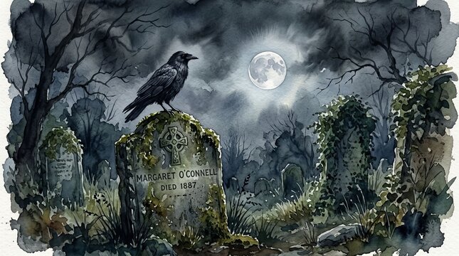 Eerie Cemetery Night Scene with Raven and Full Moon