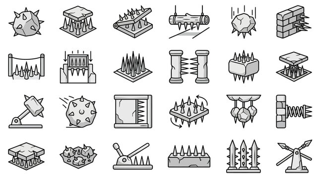 Isometric dungeon trap and obstacle game icons.