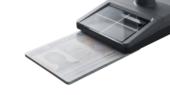 Electronic passport scanner device reading biometric data, digital identity verification process, secure travel document authentication technology
