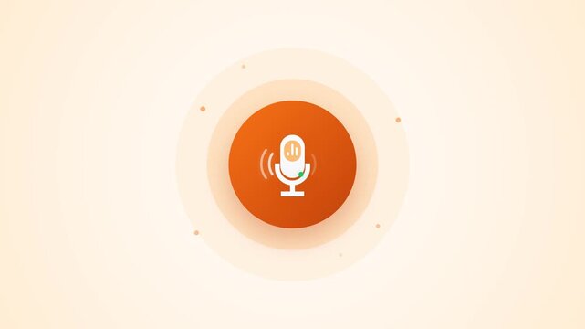Minimalist orange button animation showing central microphone icon pulsating with expanding ripple rings in this flat style motion graphic video