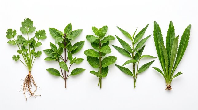 Fresh aromatic culinary herbs including coriander basil mint and sawtooth coriander arranged in a neat row against a clean white background
