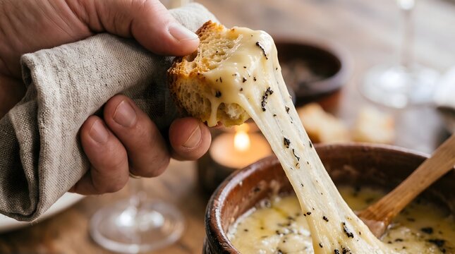 Delicious melted cheese stretching from a rustic bowl as a crusty bread piece is dipped by a hand holding a linen napkin showcasing a warm inviting dining experience with a softly glowing candle