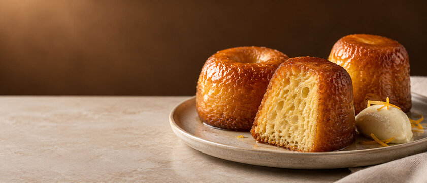 French Baba au Rhum Rum Soaked Brioche Cake with Cream

