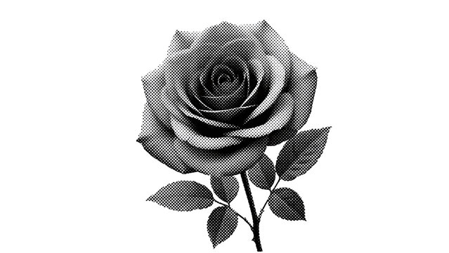 Vintage Halftone Illustration of Blooming Rose Flower, Monochrome Retro Pop Art Isolated Cutout