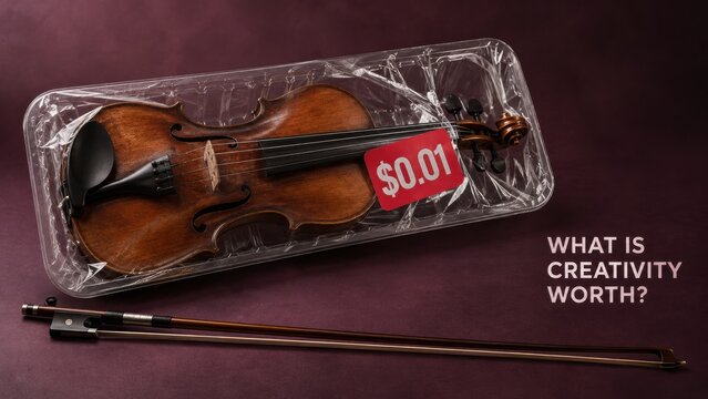 Violin in plastic packaging with price tag and creativity question