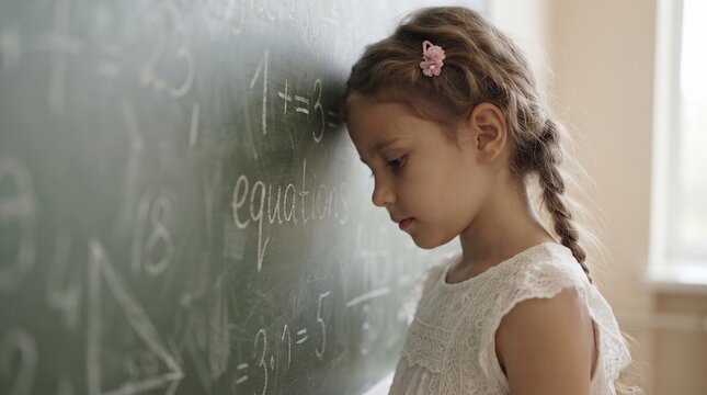 Sad schoolgirl standing against a classroom chalkboard
