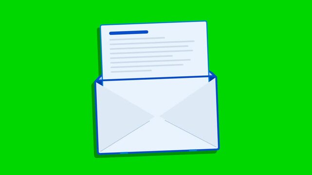 Envelope opening with letter on green screen, flat blue email icon animation with document and check mark, message received