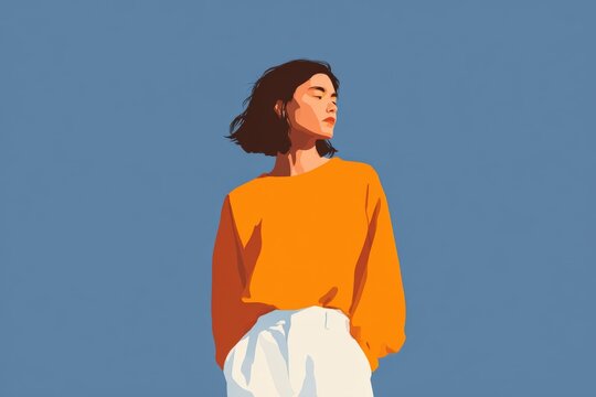 A woman standing in front of a blue sky wearing an orange top and white pants. she has a determined expression on her face as if she is ready to take on whatever challenge lies ahead.