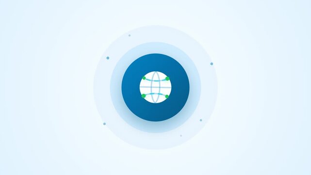 Globe icon animation displaying connected nodes represents global digital communication networks within this clean professional motion graphics video asset clip