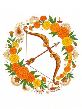 Vijaya Dashami vector illustration, elegant bow and arrow surrounded by marigold flowers and simple Indian decorative patterns