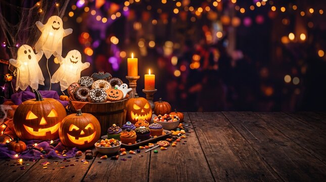Elegant Halloween background with black gold pumpkin lanterns  with copy space