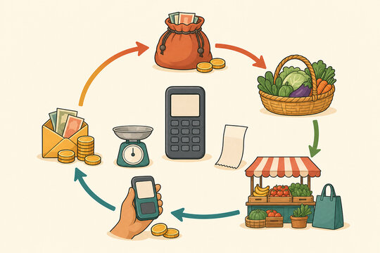 Financial literacy infographic showing a market vendor cash flow cycle with savings, sales, inventory, and payment steps