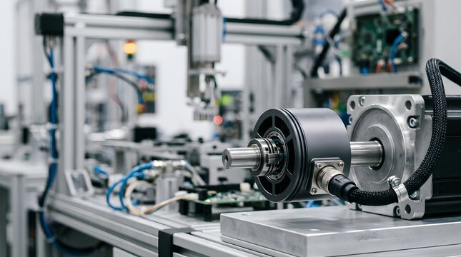 robotic absolute encoder mounted on a precision motor shaft for industrial position feedback, motion control and automated machinery