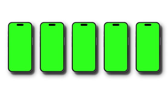 Smartphone Mockups With Green Screen Displays on White Background. The Camera Zooms Out From a Full Green Screen to a Single Phone, a Row of Five Phones Slides Across, Then It Zooms Back Into the Scre