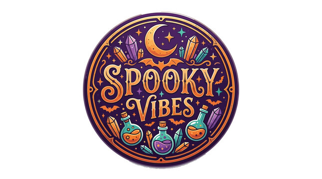 Spooky vibes circular vector illustration featuring mystical potion bottles and decorative crystals for halloween seasonal projects