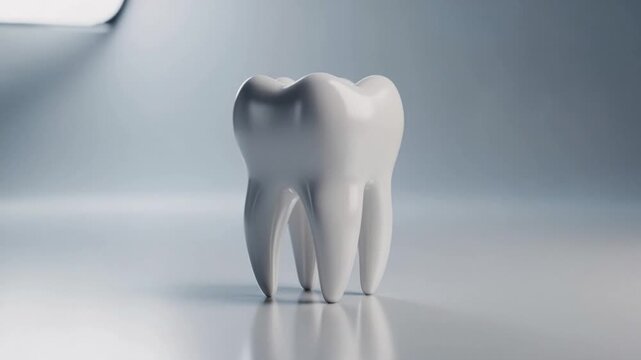 Close up of a shiny white tooth model on reflective surface with soft gradient background for dental care