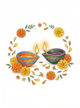 Deepavali festival vector illustration, two colorful diya oil lamps surrounded by simple marigold flowers and petals, colored pencil drawing style