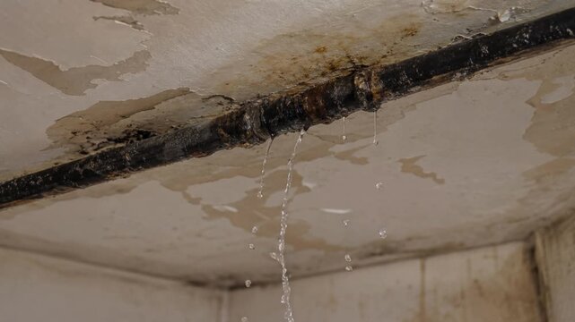 Leaking rusty water pipe causing ceiling damage with water dripping in old building interior
