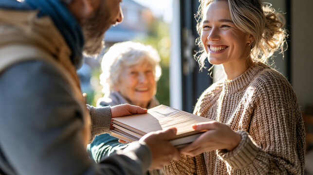 An adult library volunteer passes a stack of plain large-format books to an older adult standing in a sunny residential doorway. Their friendly eye-level exchange captures a