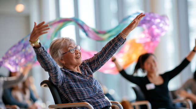 An older adult and an adult dance instructor mirror broad seated arm gestures from sturdy chairs as colorful scarves arc through the air between them. A three-quarter medium shot