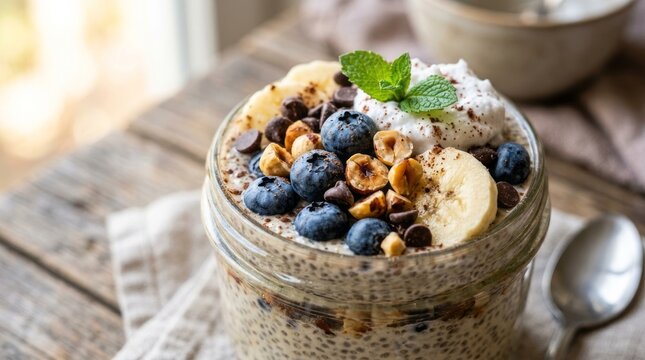 Healthy oatmeal bowl with fresh berries and nuts on wooden table.
