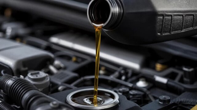 Close up of motor oil being poured into car engine for vehicle maintenance and engine care