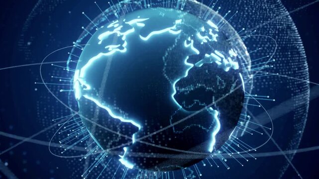 High tech particle lines earth, global internet of technology, A glowing digital Earth is encircled by luminous data streams and orbital lines, representing a globally interconnected network.