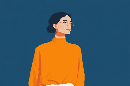 A woman wearing an orange turtleneck sweater and glasses standing against a blue background. she has a determined expression on her face as if she is ready to take on whatever challenge lies ahead.