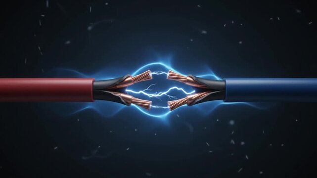 Electric cables with exposed copper wire sparking intense blue energy currents in a high quality motion graphic animation video clip
