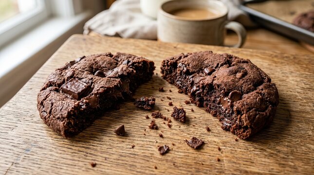 Two freshly baked chocolate chip brownies on rustic wooden board.