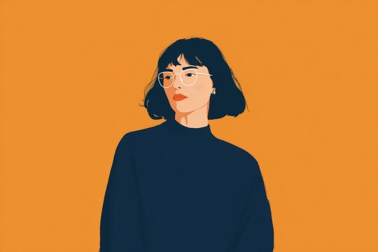 An illustration of a woman wearing glasses and a black turtle neck sweater against an orange background.