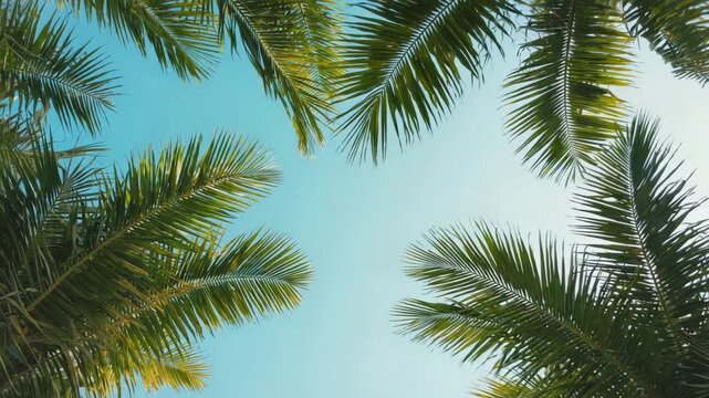 Palm leaves framing blue sky in a tropical summer background