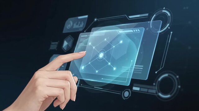 Human hand interacting with futuristic digital holographic interface display to manipulate complex data graphs in this seamless high quality animation