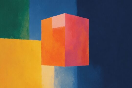 A colorful cube on a blue background. the cube is a variety of colors including blues greens yellows and reds creating a vibrant and eyecatching composition.