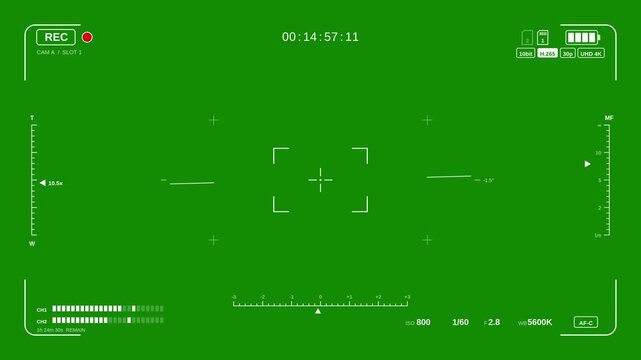 Professional Cinema Camera Viewfinder HUD on Green Screen. Pulsing REC Dot, Running Timecode, Vertical Zoom and Focus Distance Scales, Tilting Horizon Level, Audio Meters and Exposure Settings. Chroma
