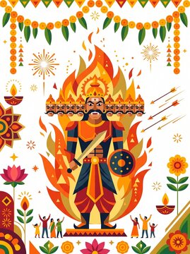 Dussehra vector illustration, simple Ravana effigy surrounded by flames and decorative Indian festival 